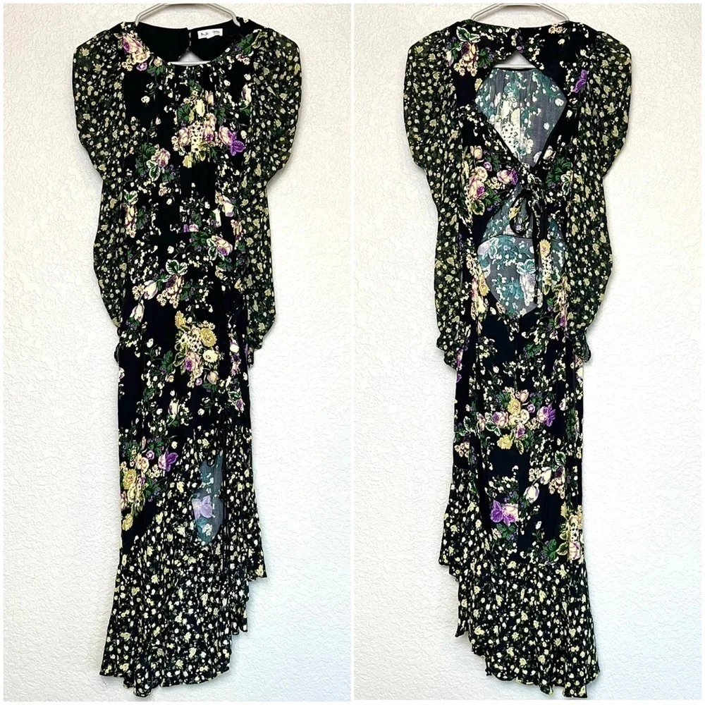 FOR LOVE & LEMONS Floral Long Sleeve Cutout Tie Back Ruched Ruffle Midi Dress XS